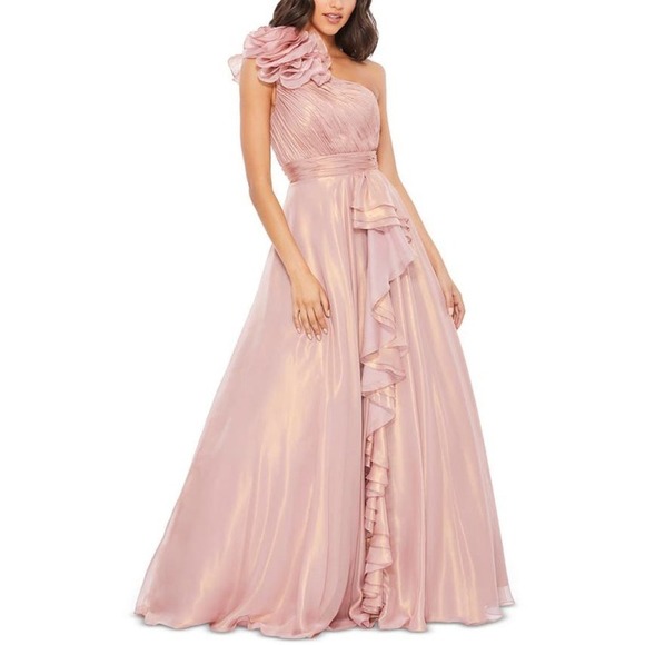 Mac Duggal Iridescent One Shoulder Rosette Ball Gown Rose Gold Size 6 NWT - Picture 2 of 12